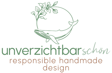 unverzichtbar schön Logo mit einem Wal im Kreis und dem Zusatz responsible handmade design