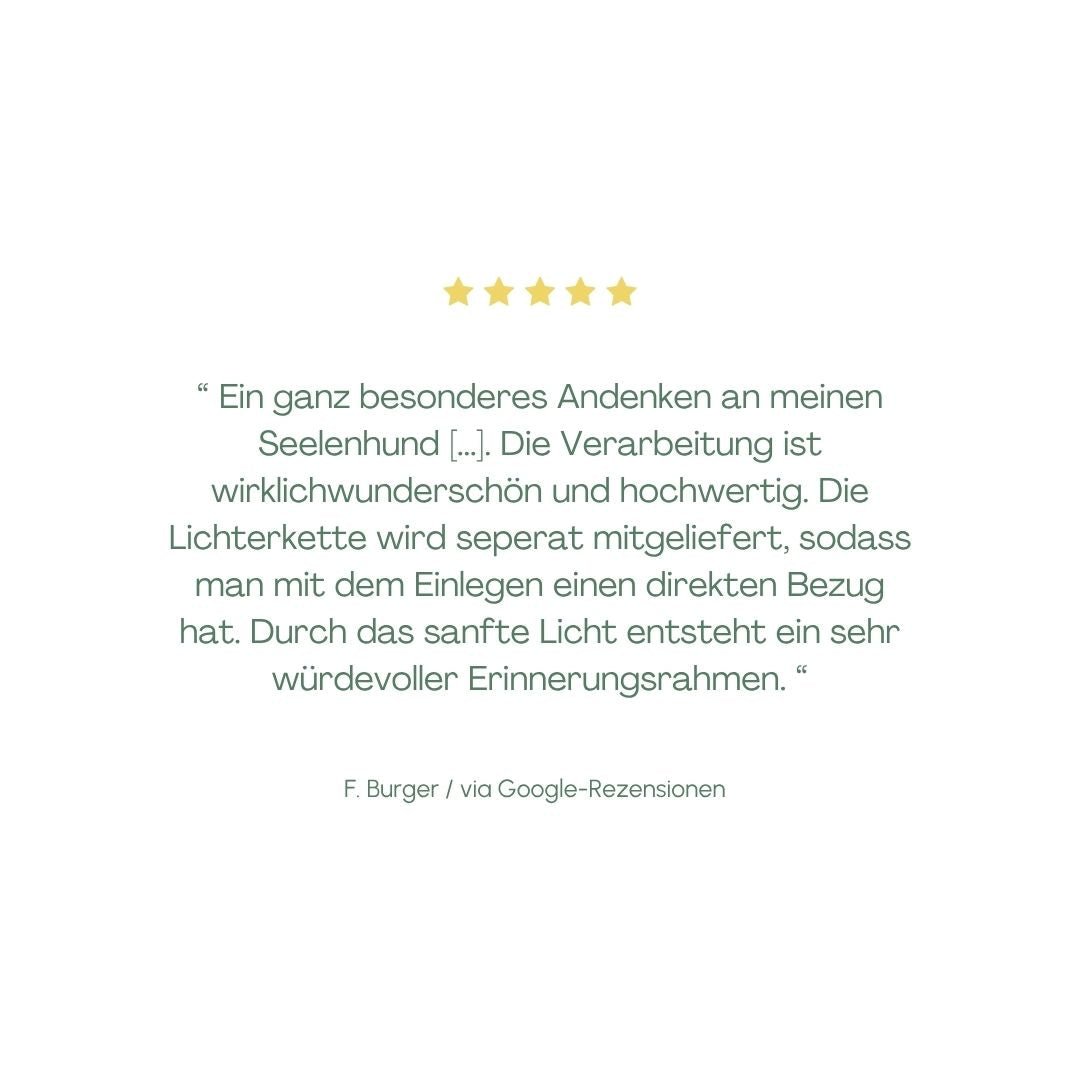 Ausschnitt einer 5 Sterne Bewertung für eine Erinnerungslicht als Andenken an den Hund - unverzichtbar schön - responsible handmade design