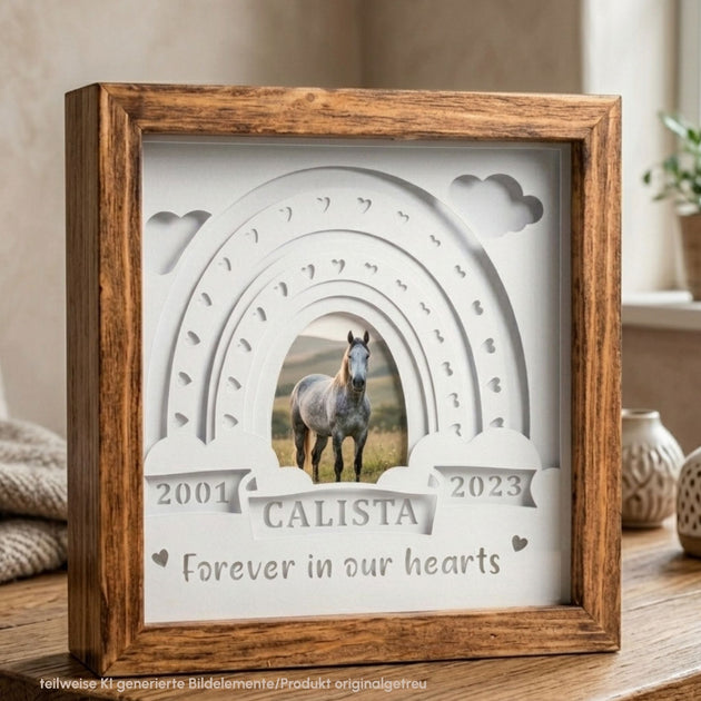 Erinnerung an ein Pferd als personalisiertes Erinnerungslicht aus Altholz mit Foto - unverzichtbar schön - responsible handmade design