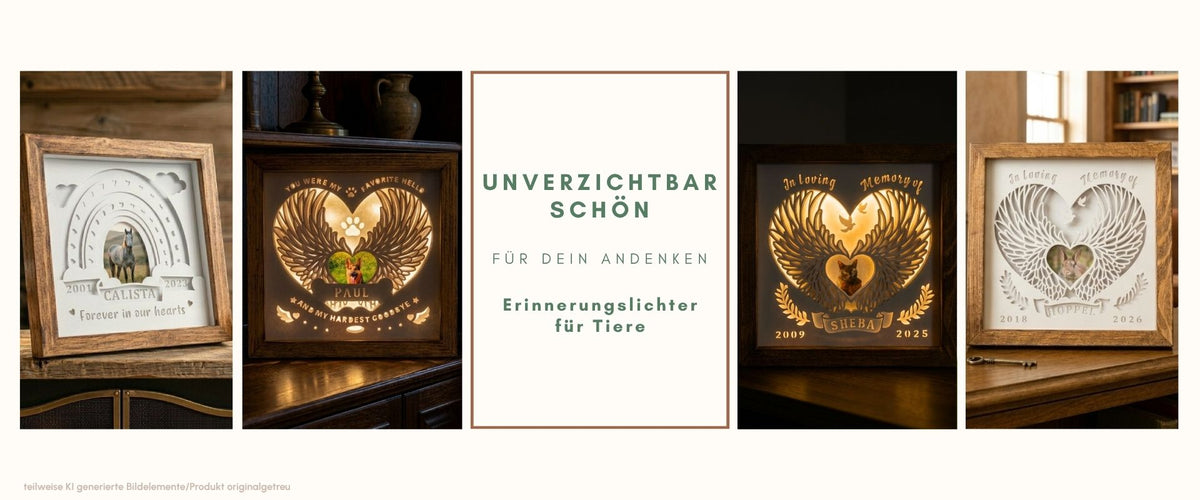 Erinnerungslichter, als Andenken für Tiere, wie zum Beispiel: Hund, Katze, Pferd, Kaninchen oder andere Haustiere, im Altholzrahmen beleuchtet und unbeleuchtet