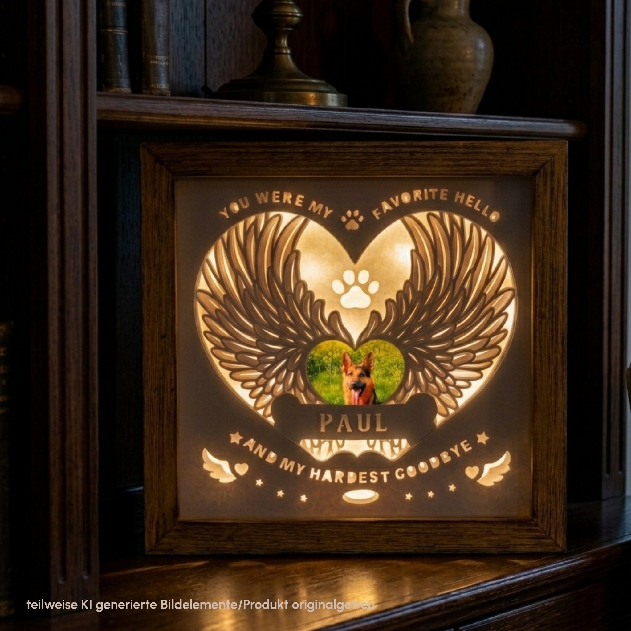 Gedenklampe, verstorbener Schäferhund, handgefertigt aus Papier in Altholzrahmen, mit Foto und Namen, Erinnerungsstück mit Licht