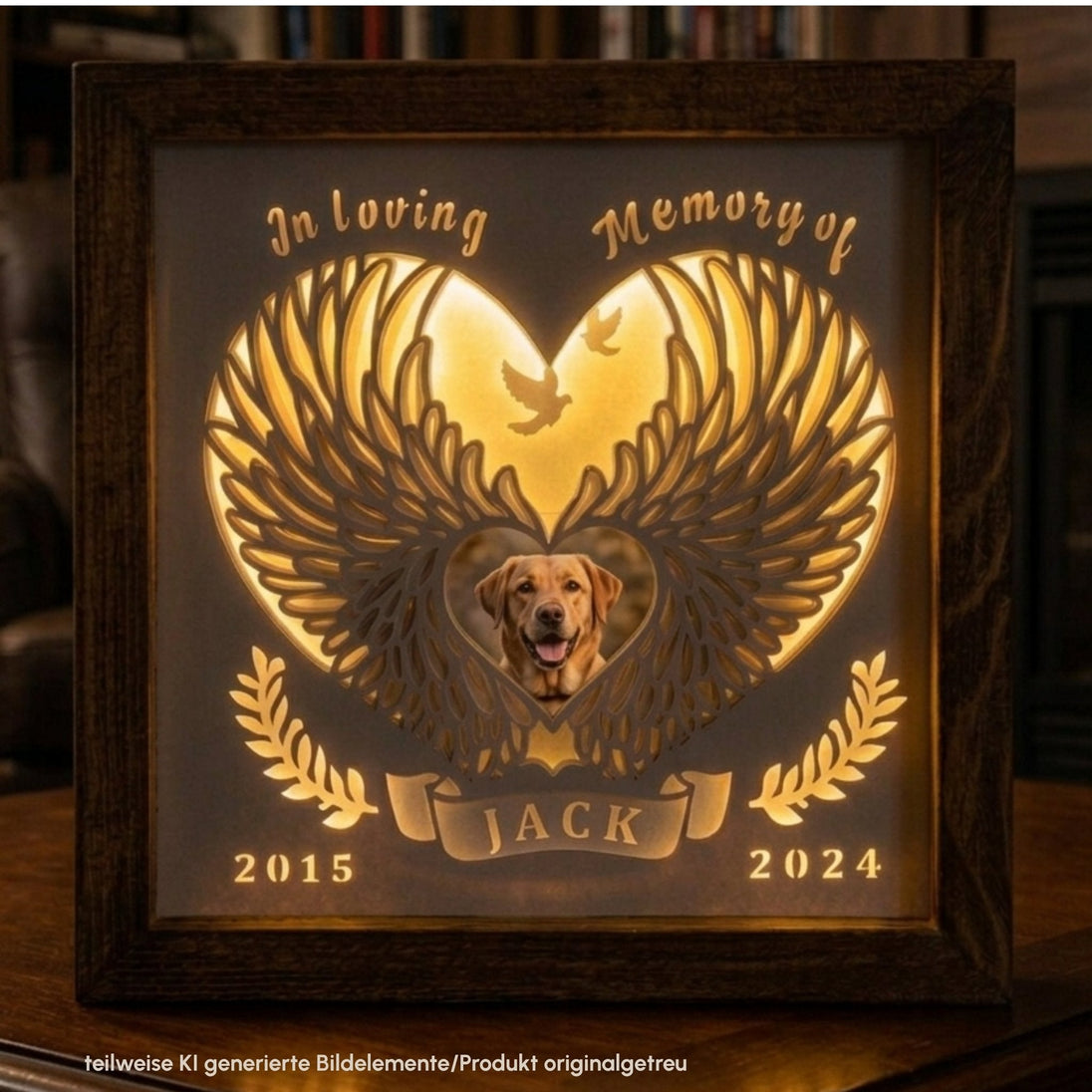 Gedenklampe Hund "In Loving Memory" – Fotolicht aus Altholz (DIY - Set) - beleuchtet - unverzichtbar schön - responsible handmade design