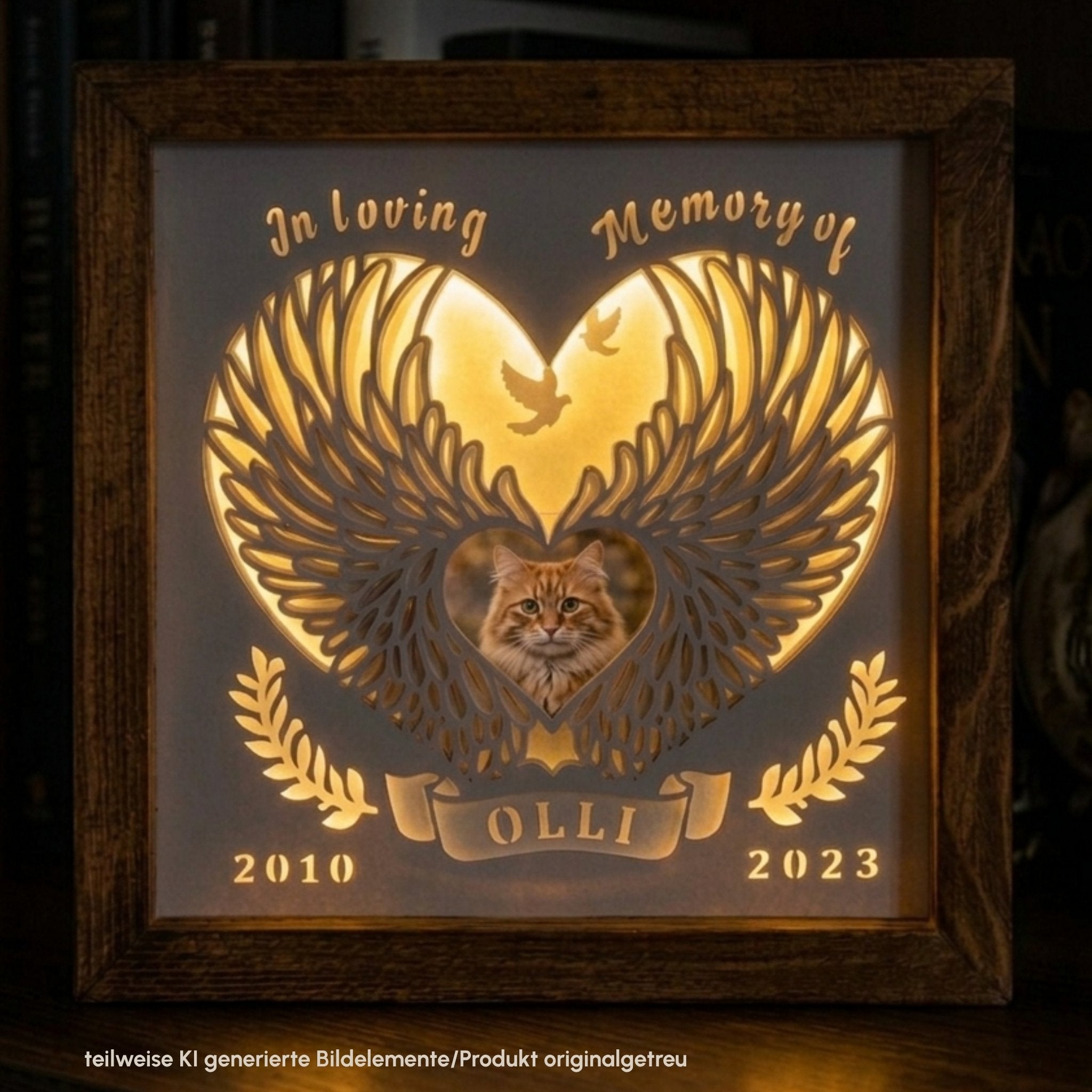 Gedenklicht, Spruch "Loving Memory", personalisiert mit Foto, Name und Daten einer Sternenkatze, im Altholzrahmen, beleuchtet