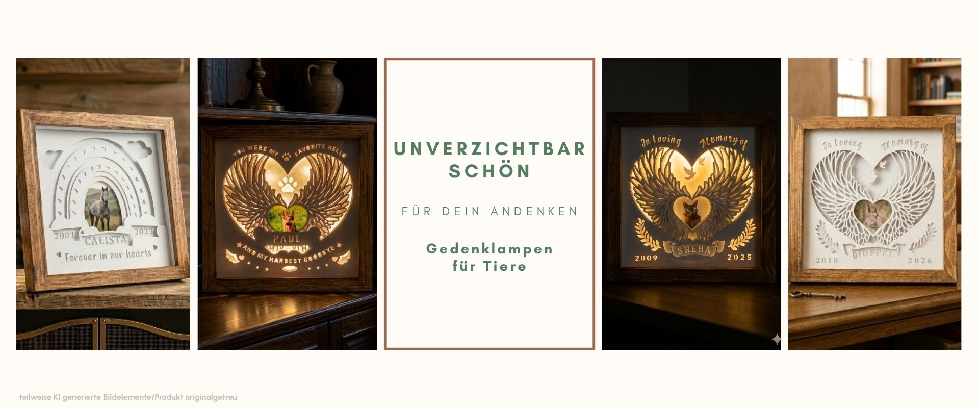verschiedene Gedenklampen für Haustiere, im Altholzrahmen, beleuchtet und unbeleuchtet, Andenken und Trauergeschenk verstorbene Haustiere