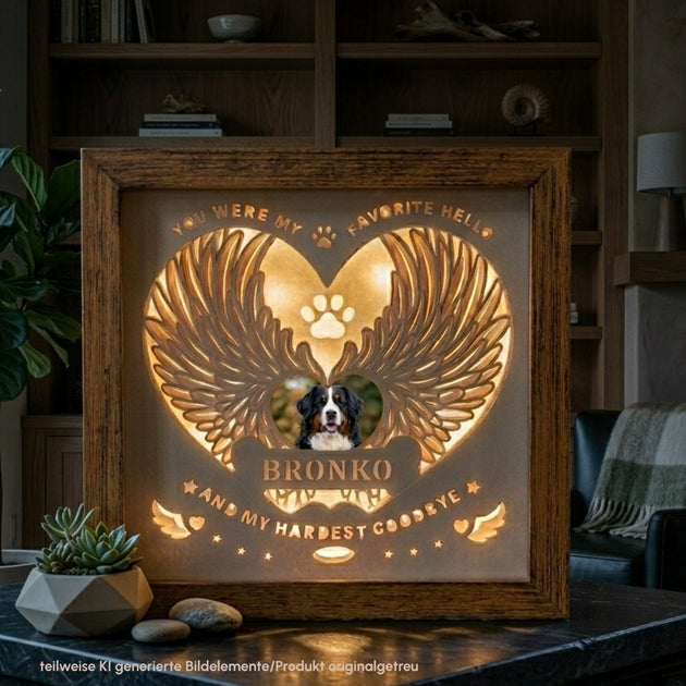 Gedenklicht als Erinneung an einen Hund im Altholzrahmen beleuchtet - unverzichtbar schön - responsible handmade design