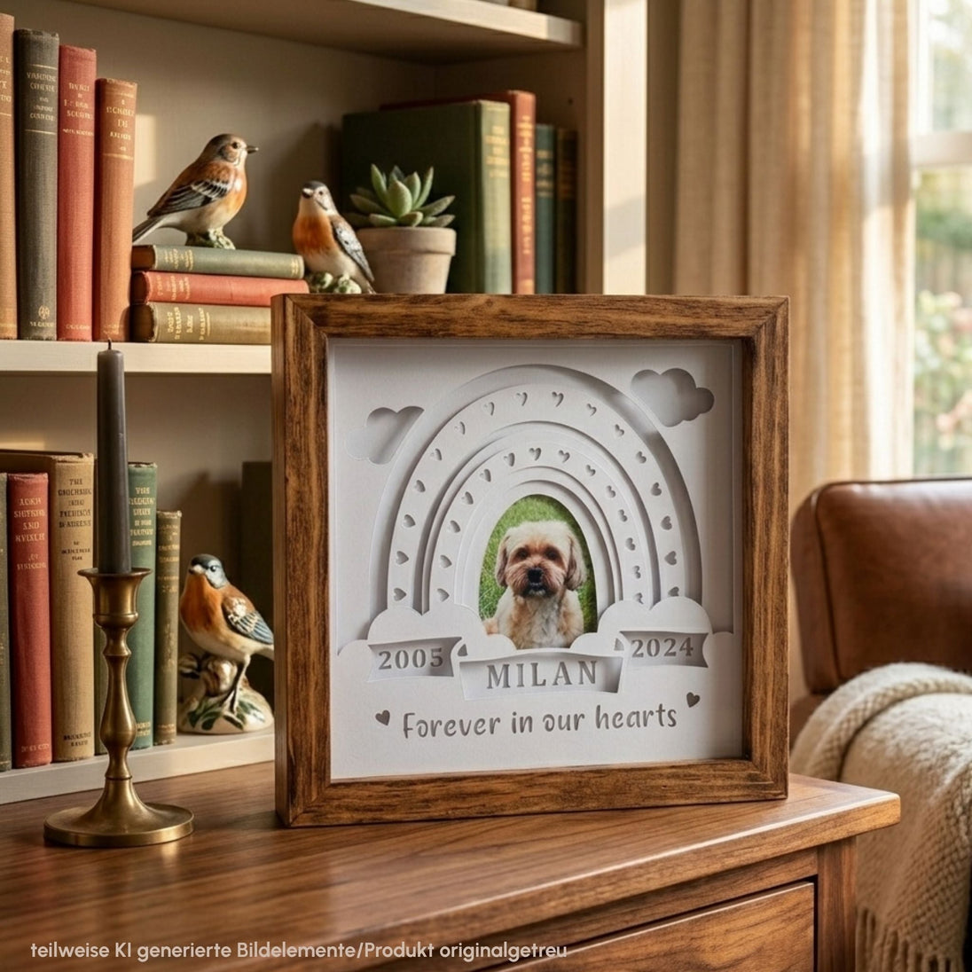 Gedenklicht Seelenhund im Wohnzimmer – personalisiertes Andenken Regenbogenbrücke- unverzichtbar schön - responsible handmade design