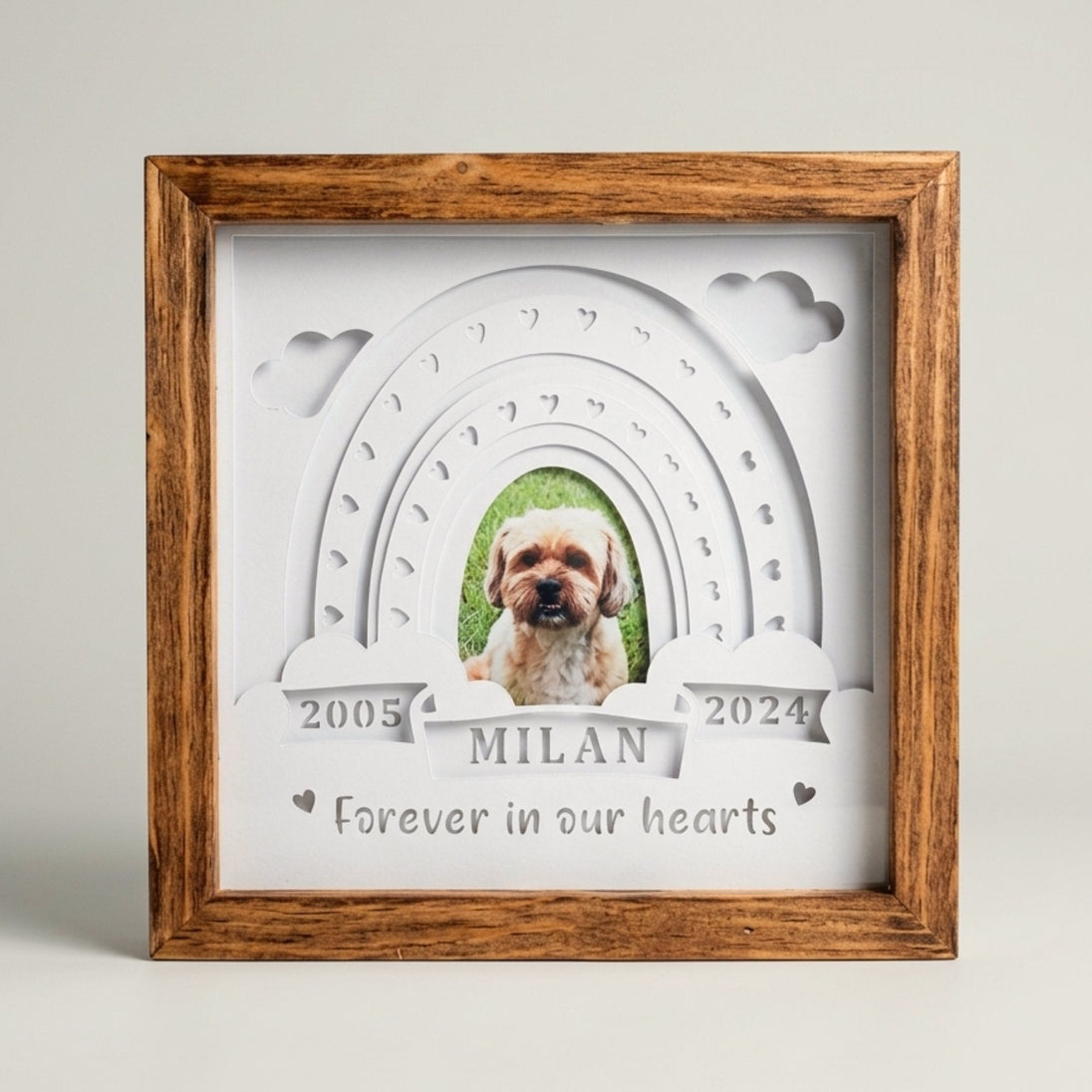 Gedenklicht als Andenken an den Hund mit Regenbogenmotiv, personalisiert mit Foto und Namen unbeleuchtet- unverzichtbar schön - responsible handmade design