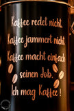 Kaffeedose schwarz, Detailansicht Spruch: Kaffee redet nicht. in rosegold.