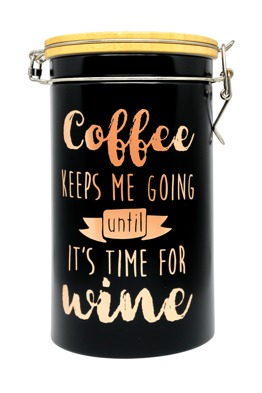 Schwarze Kaffeedose mit Bambusdeckel und Bügelverschluss auf weißem Hintergrund. Spruch in rosegold: Coffee KEEPS ME GOING
