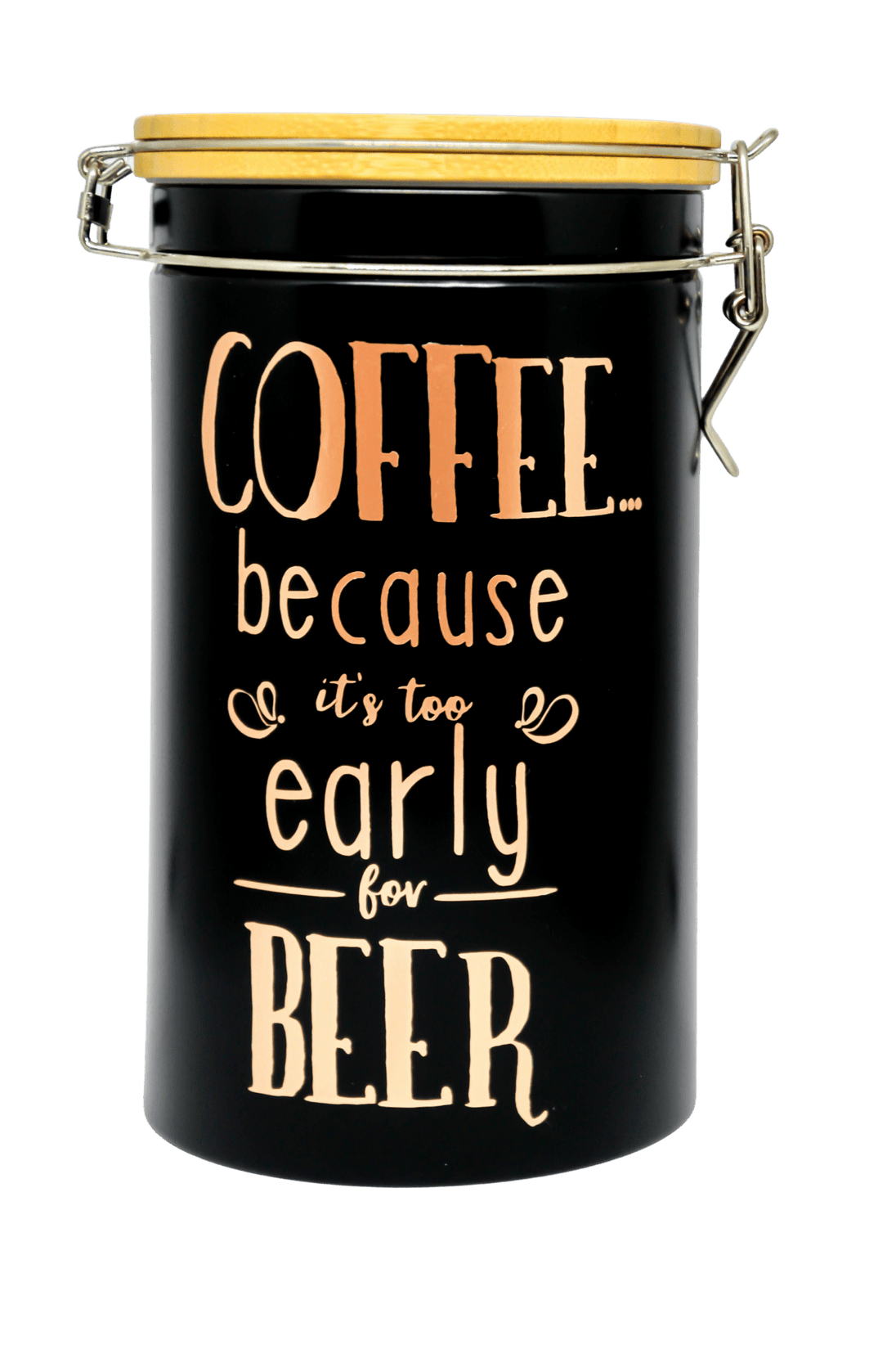 Schwarze Kaffeedose mit Bambusdeckel und Bügelverschluss auf weißem Hintergrund. Spruch in rosegold: COFFEE because it´s