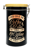 Schwarze Kaffeedose mit Bambusdeckel und Bügelverschluss auf weißem Hintergrund. Spruch in rosegold: LORD GIVE ME