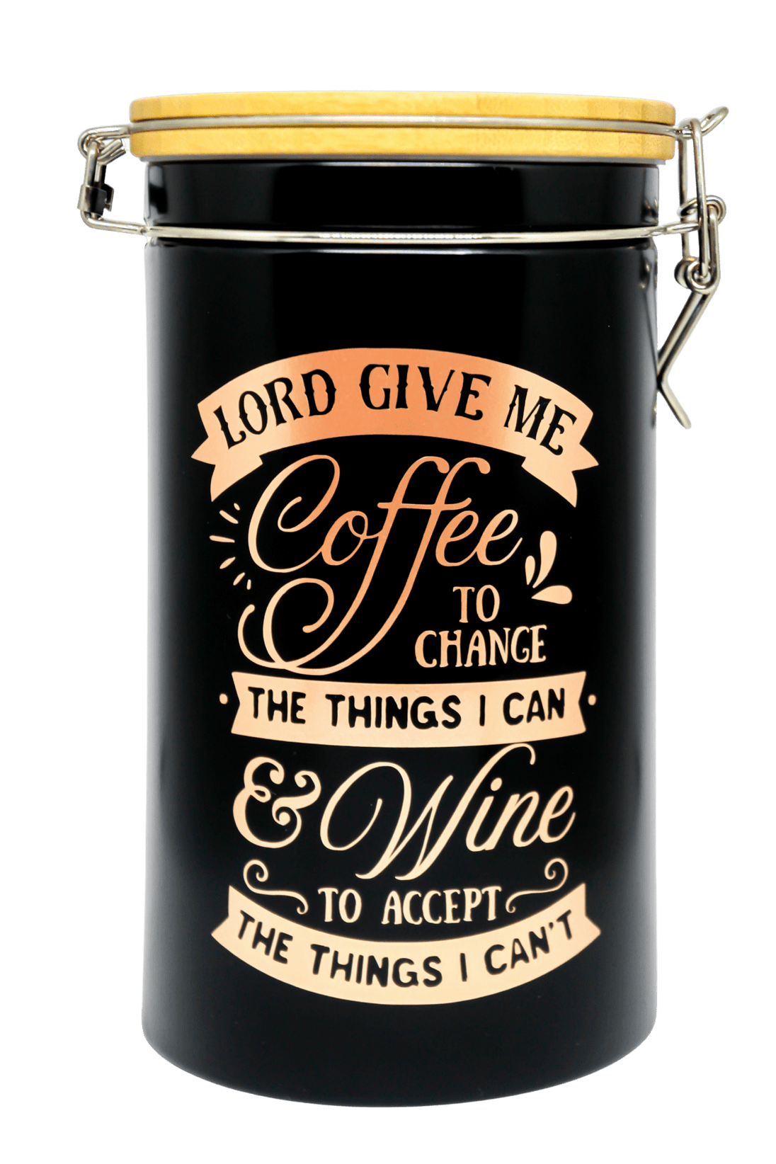 Schwarze Kaffeedose mit Bambusdeckel und Bügelverschluss auf weißem Hintergrund. Spruch in rosegold: LORD GIVE ME