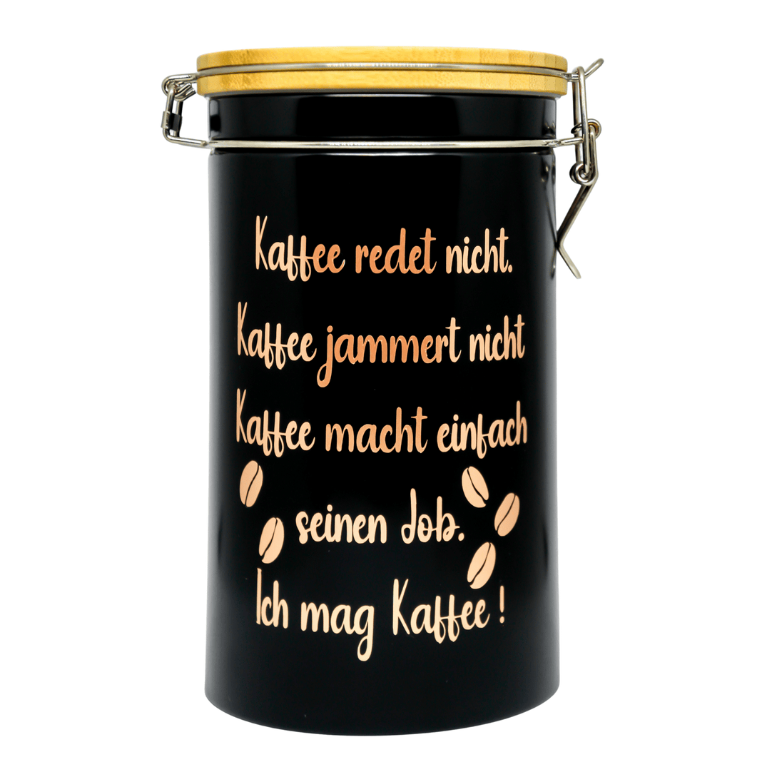 Schwarze Kaffeedose mit Bambusdeckel und Bügelverschluss auf weißem Hintergrund. Spruch in rosegold: Kaffee redet nicht. 