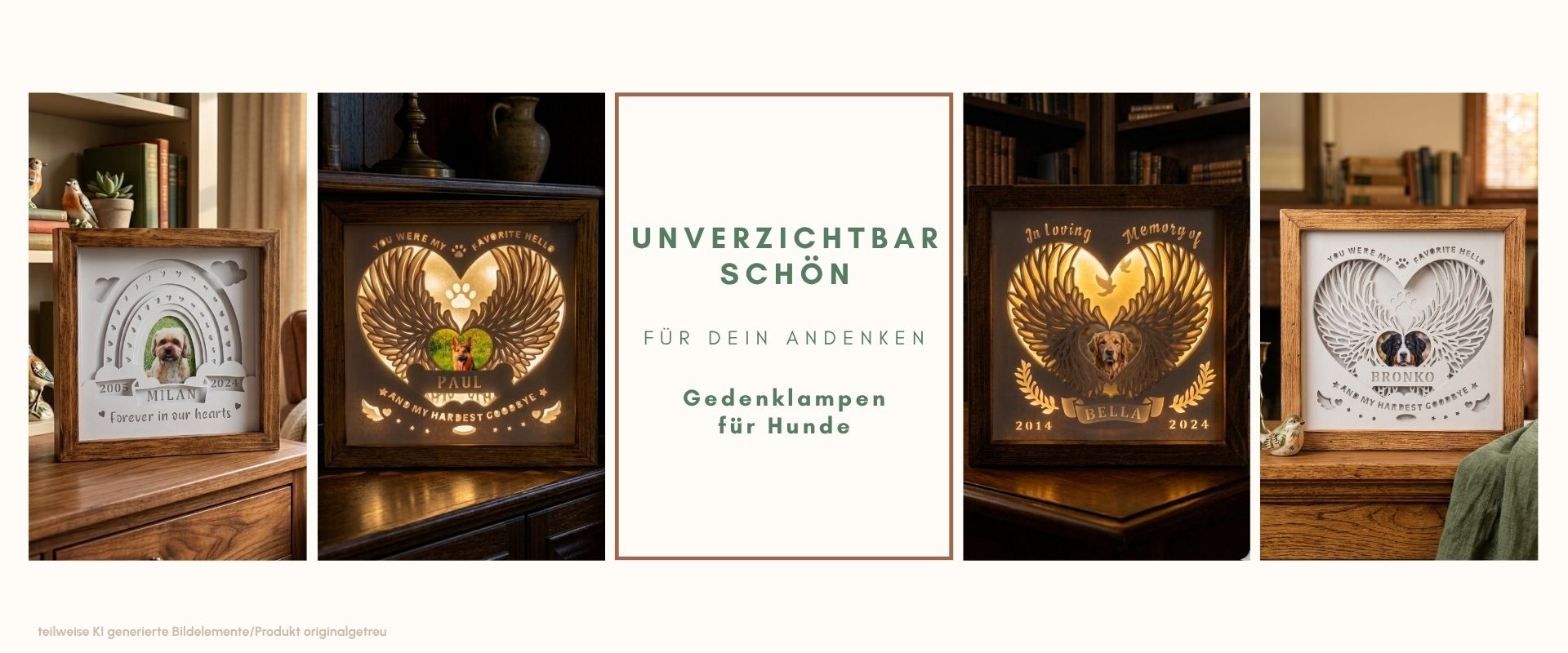 verschiedene Gedenklampen für Hunde, im Altholzrahmen, beleuchtet und unbeleuchtet, Andenken verstorbene hunde