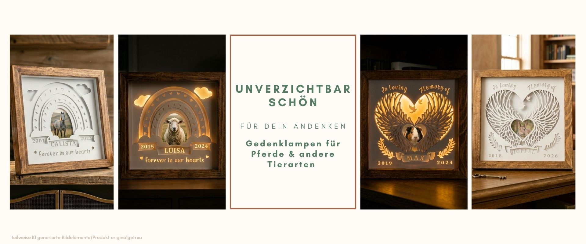 verschiedene Gedenklichter für Pferde und Kleintiere, im Altholzrahmen, beleuchtet und unbeleuchtet, Erinnerung verstorbene Tiere