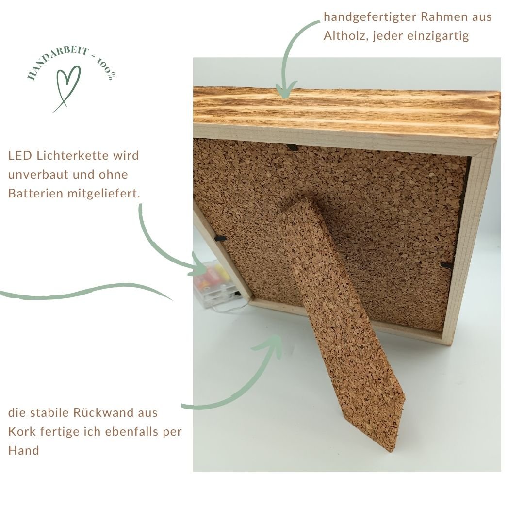 Detailbild - Material - Gedenklampe -Rückwand Kork - Rahmen Altholz