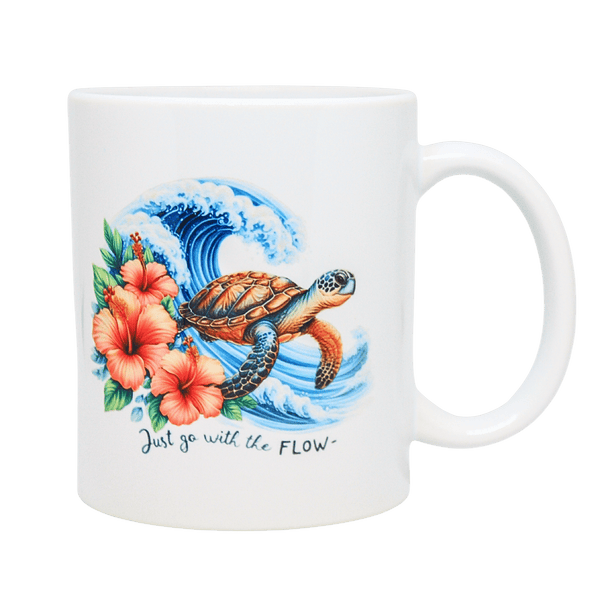 Nachhaltige Keramiktasse, mit Affirmation "Go with the flow" und wunderschöner Schildkröte bedruckt. - unverzichtbar schön - responsible handmade design