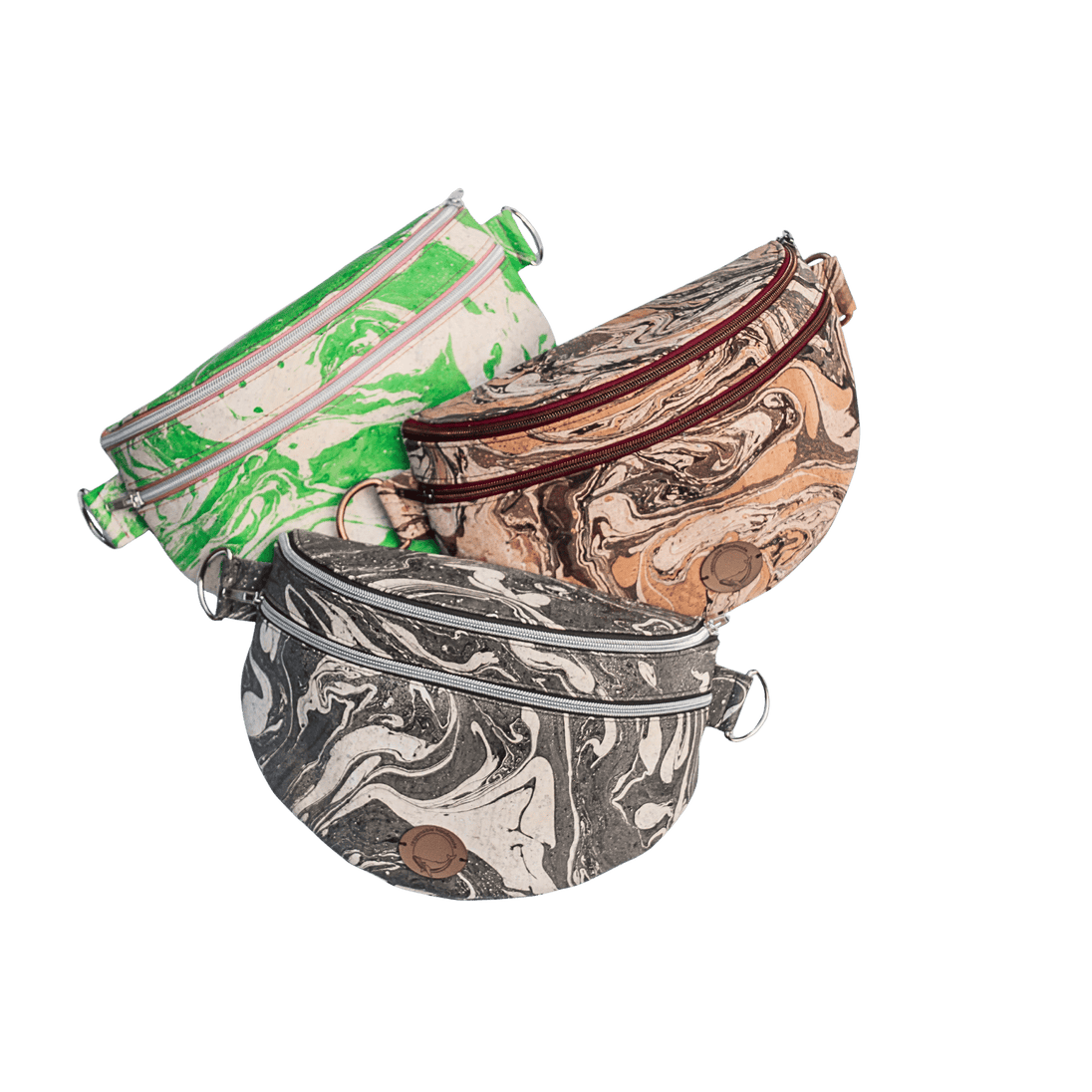 drei Slingbags/Bauchtaschen aus handmarmoriertem Kork in verschiedenen Farben