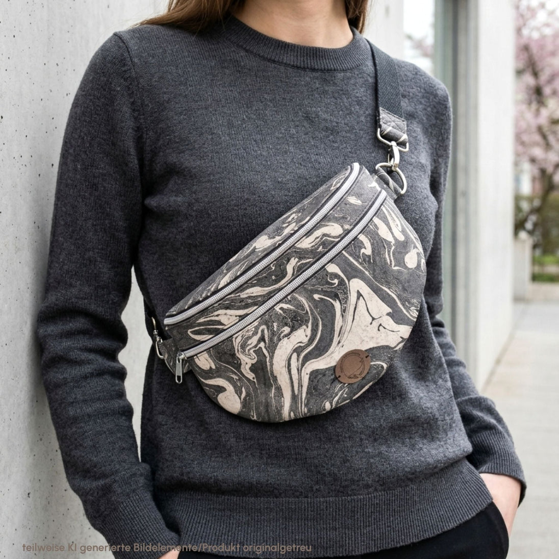 Sling Bag als Bauchtasche zum umhängen - Handgefertigt aus marmoriertem Kork - unverzichtbar schön - responsible handmade design
